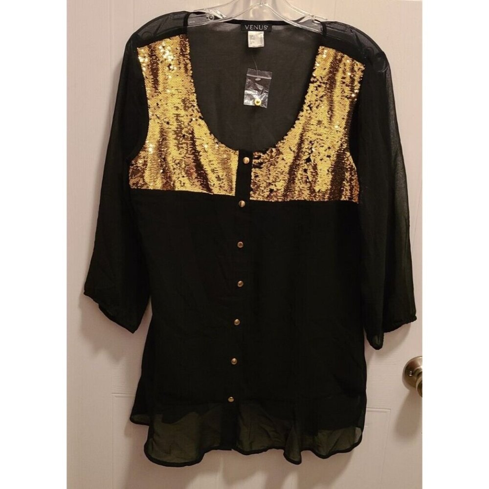 NEW Venus Women's 3/4 Sleeve Button Up Balck Sheer Blouse Top Gold Sequins Sz 12